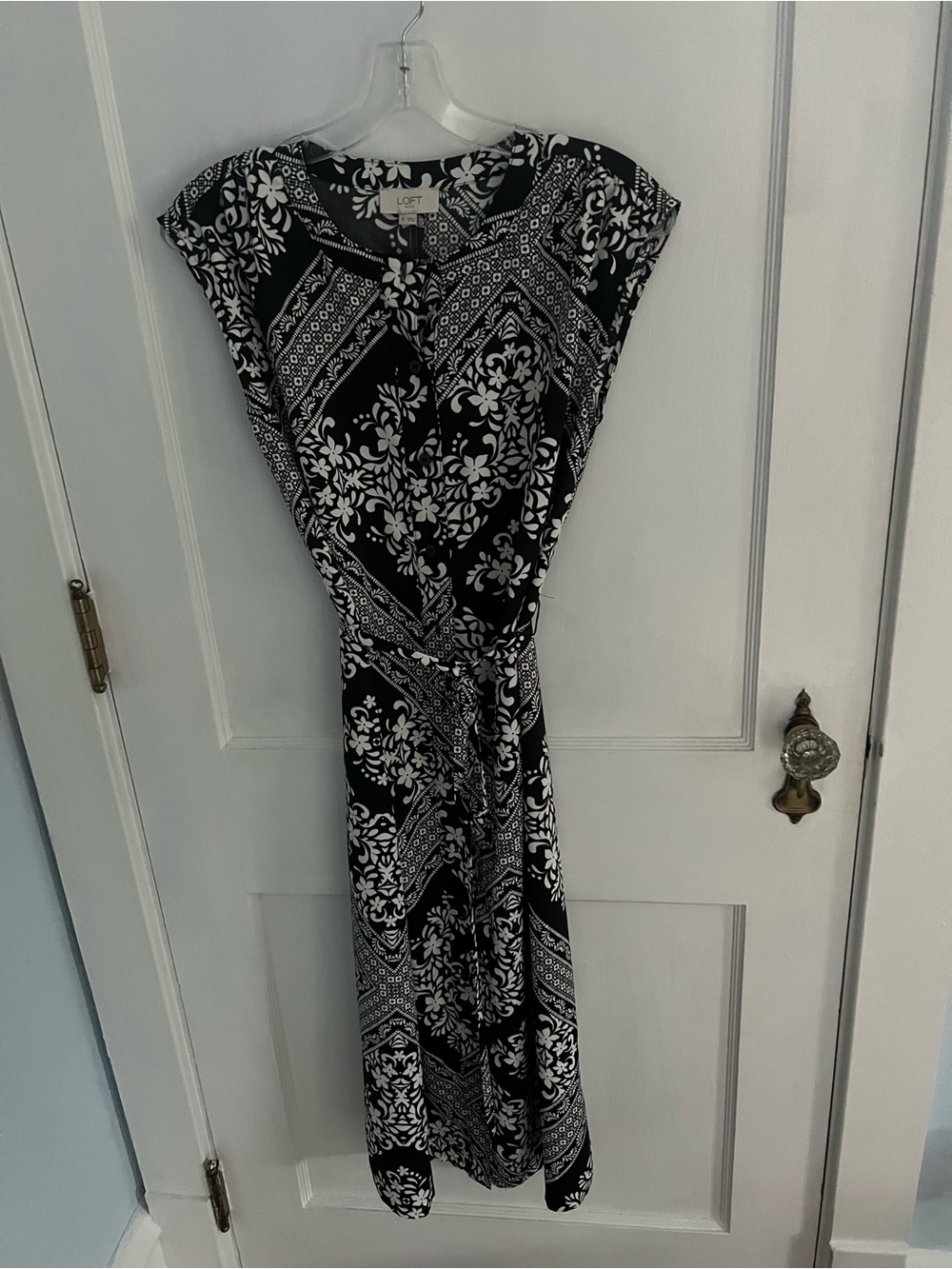 LOFT Black and White Printed Maxi Dress with Waist Tie